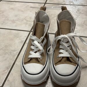 Tan High-Top Sneakers with White Laces and rhinestone butterflies